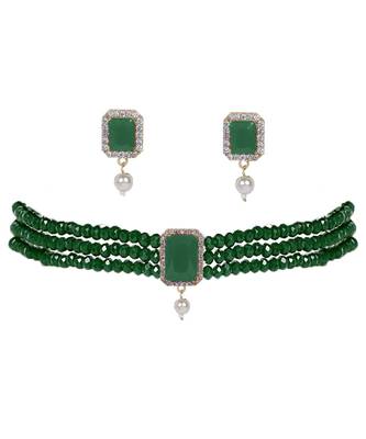 Green Beads & American Diamond Choker Necklace Set With Matching Earrings 1