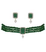 Green Beads & American Diamond Choker Necklace Set With Matching Earrings