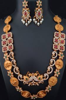Lakshmi Coin Peacock Shape Pink Green Kempo CZ Pearl Jewellery Set