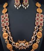 Lakshmi Coin Peacock Shape Pink Green Kempo CZ Pearl Jewellery Set