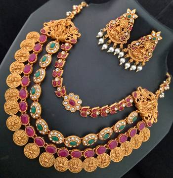Lakshmi Coin  Shape Pink Green Kempo CZ Pearl Multi Strand Jewellery Set 1