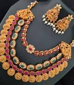 Lakshmi Coin  Shape Pink Green Kempo CZ Pearl Multi Strand Jewellery Set