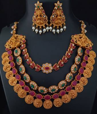 Lakshmi Coin  Shape Pink Green Kempo CZ Pearl Multi Strand Jewellery Set 2