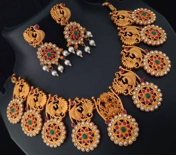 Royal Huge Coin Shape CZ Pink Green Temple Jewellery Set 1