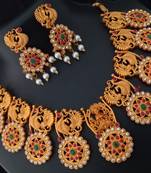 Royal Huge Coin Shape CZ Pink Green Temple Jewellery Set