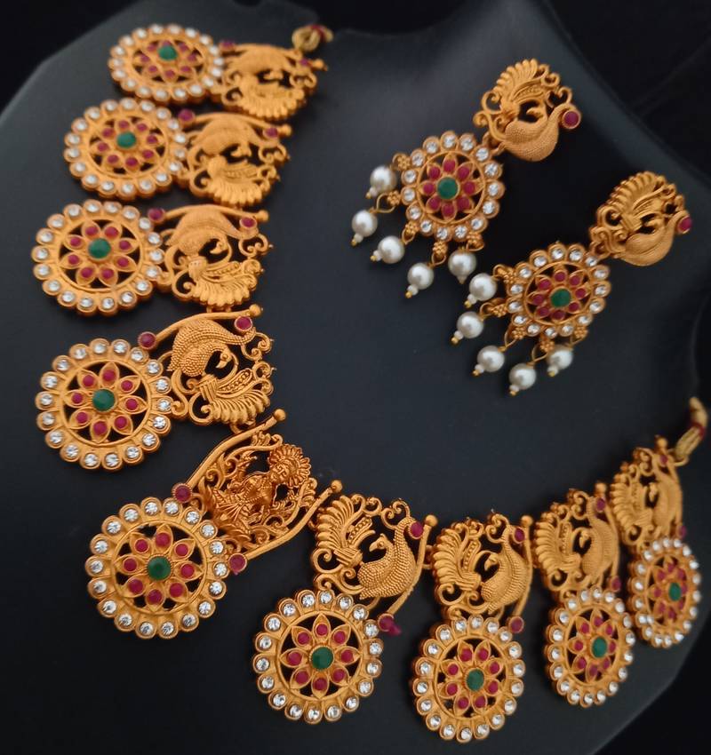 Royal Huge Coin Shape CZ Pink Green Temple Jewellery Set