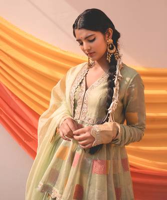 Mint Pink Mustrad Chanderi Handloom Organza Lehanga Set 1