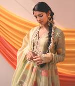 Mint Pink Mustrad Chanderi Handloom Organza Lehanga Set