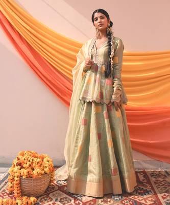 Mint Pink Mustrad Chanderi Handloom Organza Lehanga Set 2