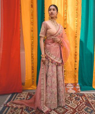 Pink Chanderi Handloom Organza Lehanga Set 1