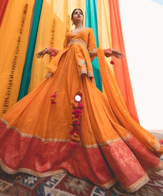 Orange Pink Chanderi Handloom Organza Lehanga Set 2