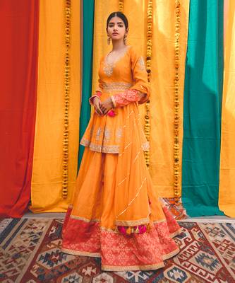 Orange Pink Chanderi Handloom Organza Lehanga Set 1