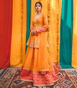 Orange Pink Chanderi Handloom Organza Lehanga Set