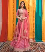 Pink Chanderi Handloom Organza Lehanga Set
