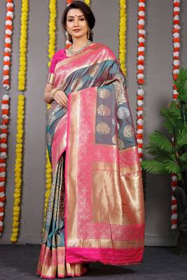 Grey Bridal Semi Faux Kanchipuram Silk Blend Saree 1