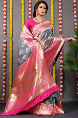 Grey Bridal Semi Faux Kanchipuram Silk Blend Saree 2