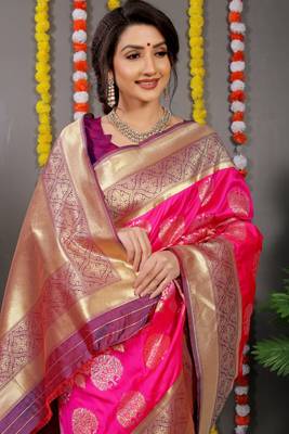 Pink Bridal Semi Faux Kanchipuram Silk Blend Saree 2