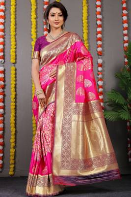 Pink Bridal Semi Faux Kanchipuram Silk Blend Saree 1