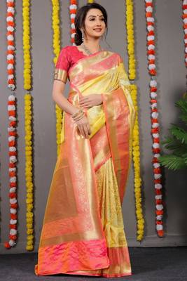 YELLOW Bridal Semi Faux Kanchipuram Silk Blend Saree 1