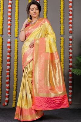YELLOW Bridal Semi Faux Kanchipuram Silk Blend Saree 2