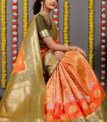 Orange Bridal Semi Faux Kanchipuram Silk Blend Saree