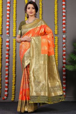 Orange Bridal Semi Faux Kanchipuram Silk Blend Saree 2