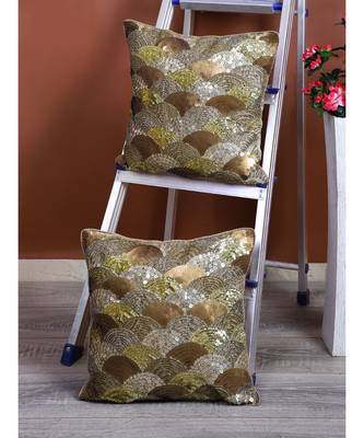 Eyda Gold Color Sequins Designer Cushion Cover Set of 2 1