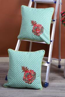 Eyda Corner Boota Green Color Designer Cushion Cover Set of 2