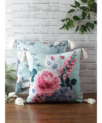 Eyda Digital Print Blue Color Velvet Reversible Cushion Cover Set of 2 1