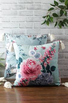 Eyda Digital Print Blue Color Velvet Reversible Cushion Cover Set of 2