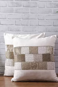 Eyda Velvet Ivory Color Beaded Cushion Cover Set of 2