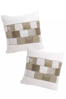 Eyda Velvet Ivory Color Beaded Cushion Cover Set of 2