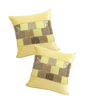 Eyda Velvet Yellow Color Beaded Cushion Cover Set of 2 3