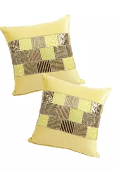 Eyda Velvet Yellow Color Beaded Cushion Cover Set of 2