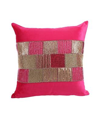 Eyda Velvet Fuchsia Color Beaded Cushion Cover Set of 2 1