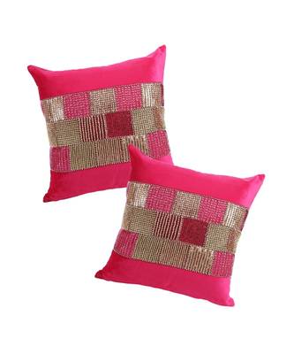 Eyda Velvet Fuchsia Color Beaded Cushion Cover Set of 2 2