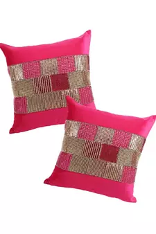 Eyda Velvet Fuchsia Color Beaded Cushion Cover Set of 2
