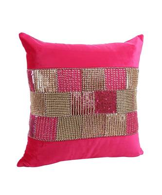 Eyda Velvet Fuchsia Color Beaded Cushion Cover Set of 2 3