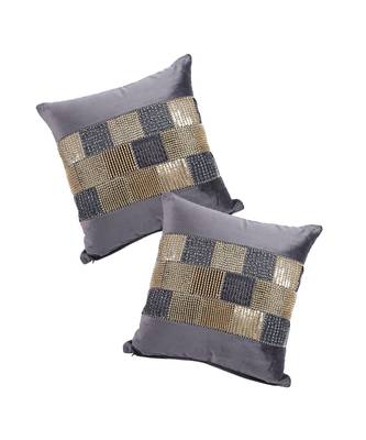 Eyda Velvet Grey Color Beaded Cushion Cover Set of 2 2