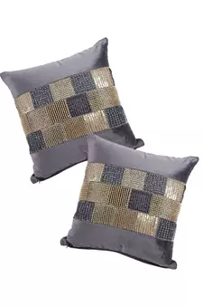 Eyda Velvet Grey Color Beaded Cushion Cover Set of 2