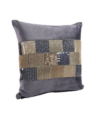 Eyda Velvet Grey Color Beaded Cushion Cover Set of 2 3