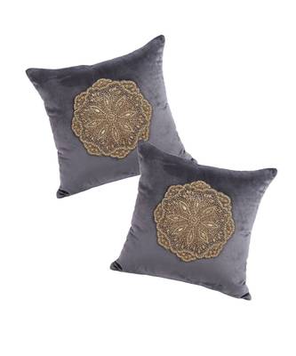 Eyda Velvet Grey Color Beaded Cushion Cover Set of 2 3