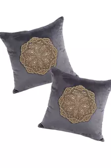 Eyda Velvet Grey Color Beaded Cushion Cover Set of 2
