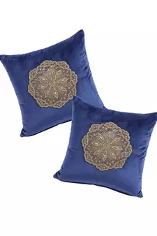 Eyda Velvet Blue Color Beaded Cushion Cover Set of 2