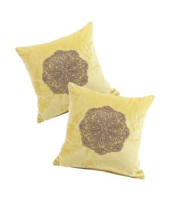 Eyda Velvet Yellow Color Beaded Cushion Cover Set of 2 3