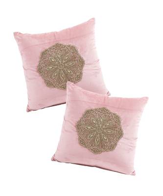 Eyda Velvet Peach Color Beaded Cushion Cover Set of 2 3