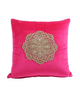 Eyda Velvet Fuchsia Color Beaded Cushion Cover Set of 2 2