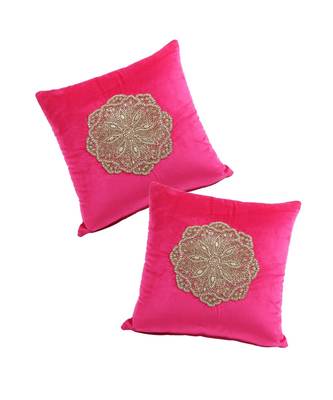 Eyda Velvet Fuchsia Color Beaded Cushion Cover Set of 2 3