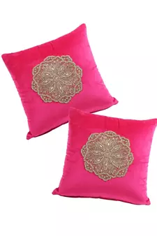 Eyda Velvet Fuchsia Color Beaded Cushion Cover Set of 2