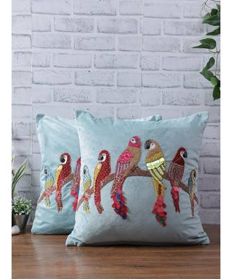 Eyda Velvet Aqua Color Beaded Sequin Cushion Cover Set of 2 2